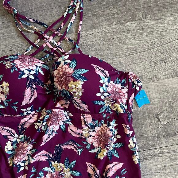 Ambrielle NEW Push Up Bandeau Floral D Cup Swim Tankini Top M/L Strappy Halter - Picture 4 of 9